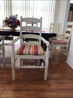 6 Beautiful  Pottery Barn  white wooden dinning chairs with  cushions