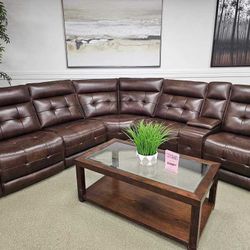 LH 👉$39 Down Payment  For Financing 👉 Mackie  Chocolate Brown Power Reclining Sectional Couch Real Leather 