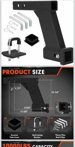10000lbs 10-Inch Hitch Receiver Extension Riser, 2 Inch Receiver with 10 Inch Drop, Adjustable 9" or 11" Length, Dual Pinhole Design, 3-Pack Hitch Pin