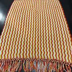 Vintage Hand Knitted Crochet Throw Blanket Striped Fringe Orange, Yellow, White Colors 4’ x 6’