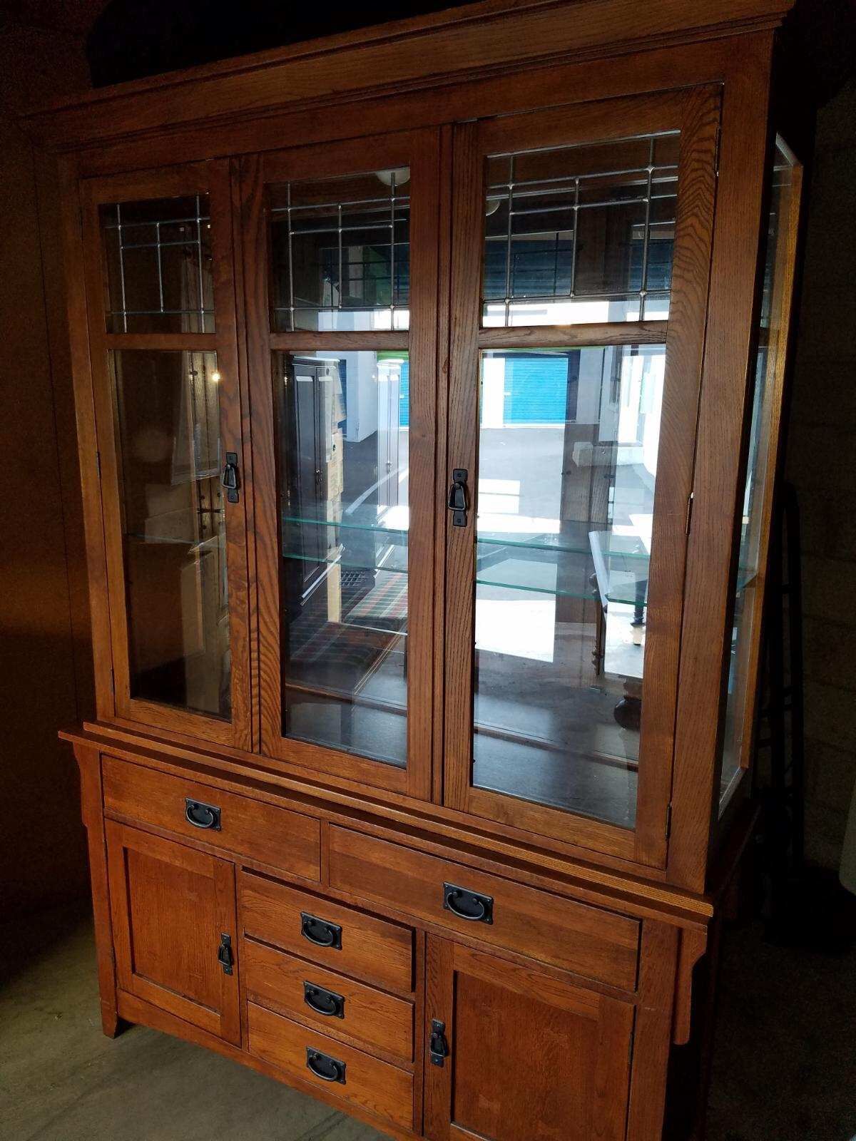 Mission Style Two Piece Lighted Wood China Hutch Cabinet Buffet Set