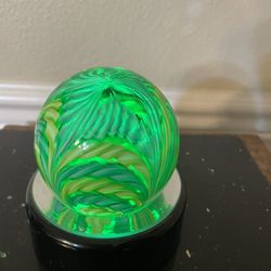 Green & Yellow Glass Paperweight  3”