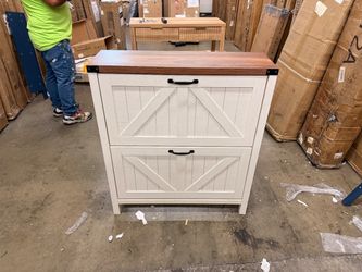 Assembled Farmhouse Shoe Cabinet with 2 Flip Drawers – White/Brown