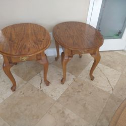 PAIR SOLID OAK END TABLES