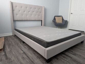 Queen Upholstered Bed Frame with Headboard(box spring included)