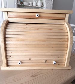 Handcrafted Appalachian Solid Pine Roll Top Bread Box with Drawer & Porcelain Knobs