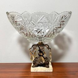 Vintage Etched Cut Crystal Glass Fruit Centerpiece Compote Oval Bowl Brass On Marble Brass Pedestal Stand Made In Italy