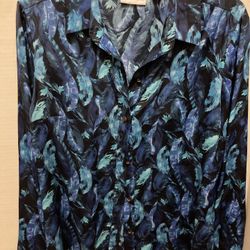 New York & Company  Women's Feathers Print Blue Button down Blouse long sleeve.