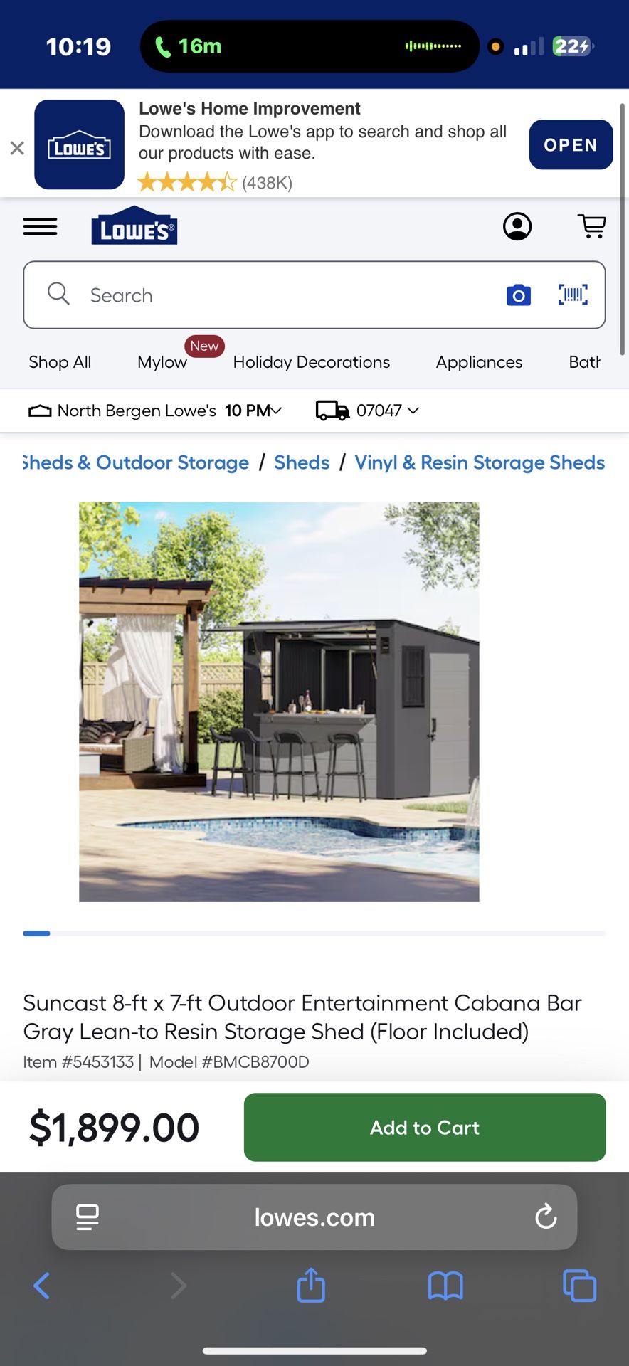 Suncast 8-ft x 7-ft Outdoor Entertainment Cabana Bar Gray Lean-to Resin Storage Shed