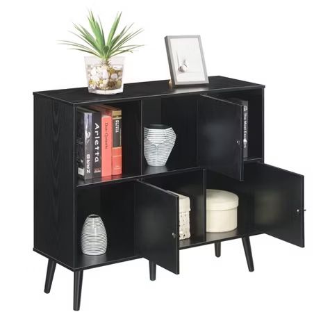 Black Breighton Modern Mid Century Home Xtra Storage Cube Organizer Sideboard Console Shelves Book Table with 3 Cubbies and 3 Cabinets