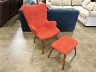 Vibrant Red MCM Inspired Button Tufted Wingback Armchair with Ottoman