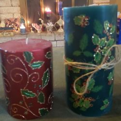 Brand New Never Used Christmas Glitter Holly Candles - red 4" tall and green 6" 
