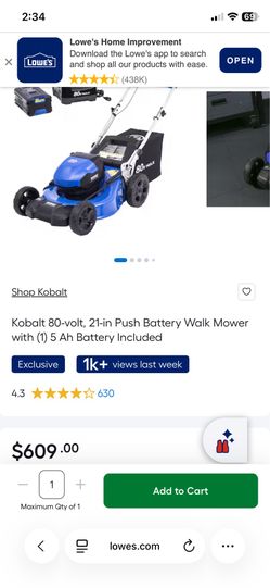 Kobalt 80-volt, 21-in Push Battery Walk Mower with (1) 5 Ah Battery Included