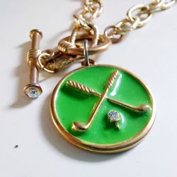 15" Green and Gold Golf Putter Pendant Necklace with Crystal Accent Golf Ball Marked FORNASH on a Gold Link Chain. Fashionable Costume Jewelry. Pre- o