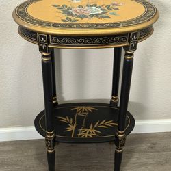 Vintage oriental gold leaf hand painted tall end table with bamboo accents Small blemish on top 33"T x 22"W x 14"D