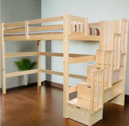 Full-Size Wooden Loft Bed with Staircase