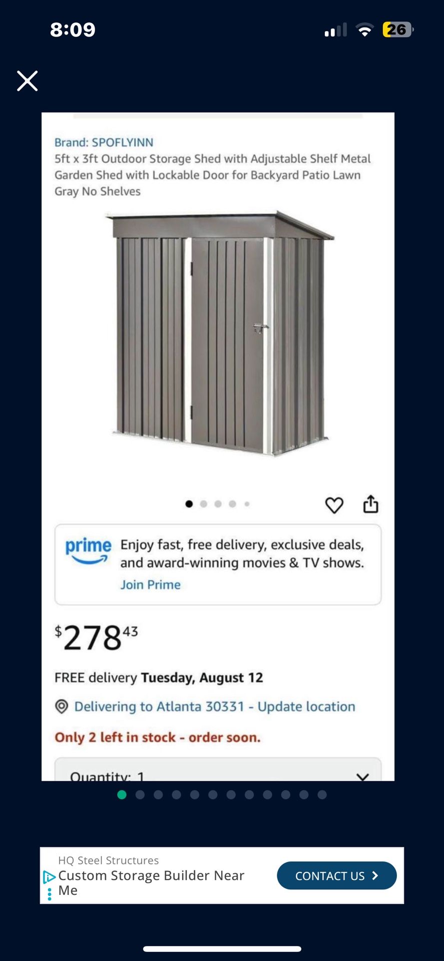 Outdoor Storage Shed 5ft x 3ft (2) AVAIL 1 assembled 1 in box