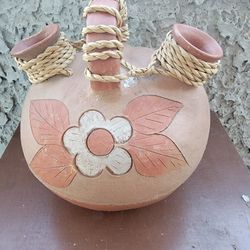 VTG Mexican Red Clay Pottery White Flower Wedding Vase Water Ewer