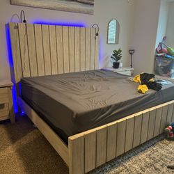 Complete Bedroom Set – King Bed with LED Lights + Dresser + Chest + 2 Nightstands (Modern Gray Finish) 