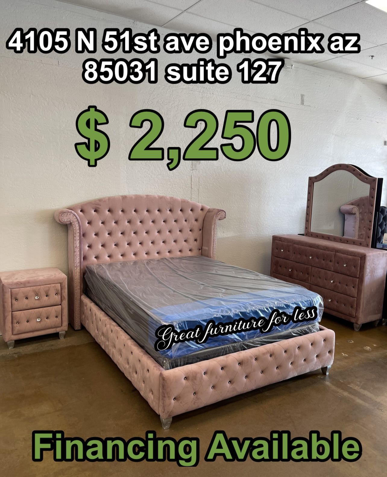 Queen Size Bedroom Set Pink Velvet Include Bed Frame Dresser Mirror Nigstand And Mattress Brand New