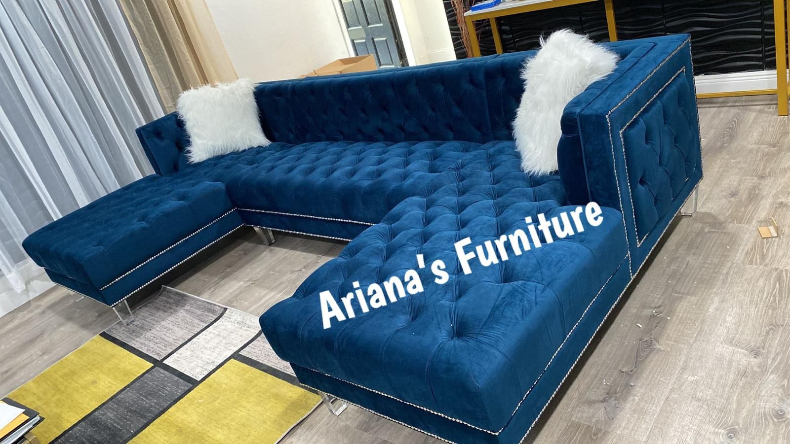 New Blue Velvet Sectional Double Chaise