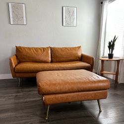 Albany Park Cognac Sofa & Ottoman Mid Century Modern