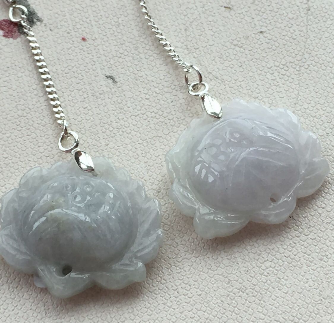 Natural jade carved lotus flower dangle earrings