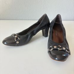 AGL Women's Size 7.5 Black Leather Pumps Block Heels 2.25” Made in Italy EU 37.5
