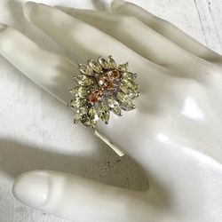 Yellow Peach Rhinestone Silver Tone New Ring 