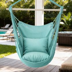 Green Cotton Rope Swing Hammock Chair with Fixed Kit and Cushion