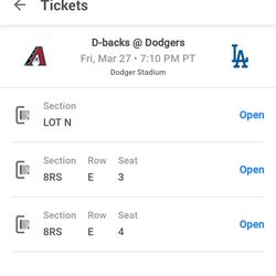 3/27 Friday Dodgers vs DBacks 2 tix & Preferred Parking lot N
