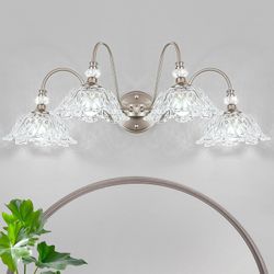 Brushed Nickel Bathroom Vanity Light, 4-Light Vanity Light With Floral Clear Glass Shades, Brushed Nickel Wall Mount Lighting For Bathroom, Dressing T