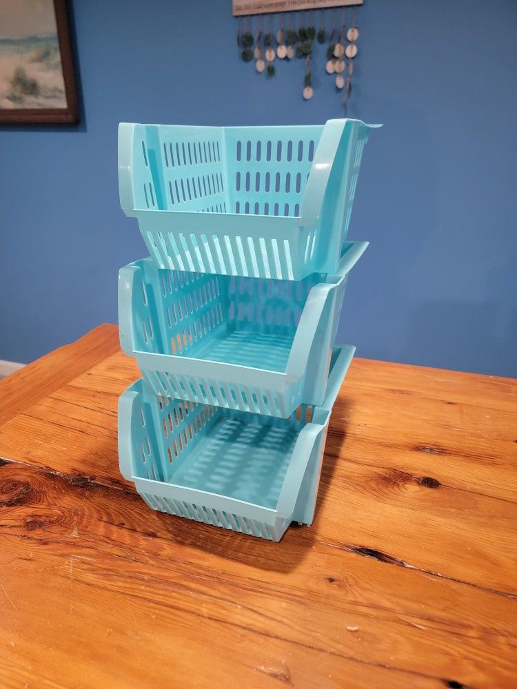 3 Mini Storage Plastic Blue Stackable Baskets ~ 9.5"×8"×5", Lightweight