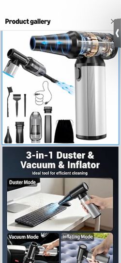Cordless 2-in-1 Air Duster & Vacuum, Brushless Motor, Long Runtime for Keyboard, Computer, Home, Car, Outdoor Cleaning, Compressed Air Duster Recharge