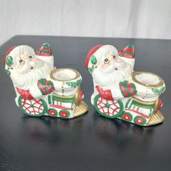 Pair Vtg Giftco Santa Claus Riding On Train Taper candle holders Christmas Decor