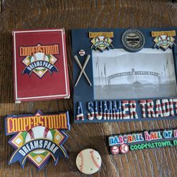 COOPERTOWN Bundle, PICTURE FRAME Magnet, Coopertown, NEW YORK MAGNET , a Smaller Cooperstown Magnet, a Pack Of Playing Cards. A Flashing Baseball Pin