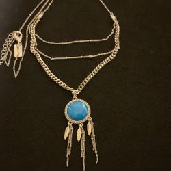 30” SilverTone Necklace With Turquoise Stone Pendant ; American Eagle 