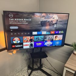 60” Samsung Tv, Fire Stick, And Rolling Stand 