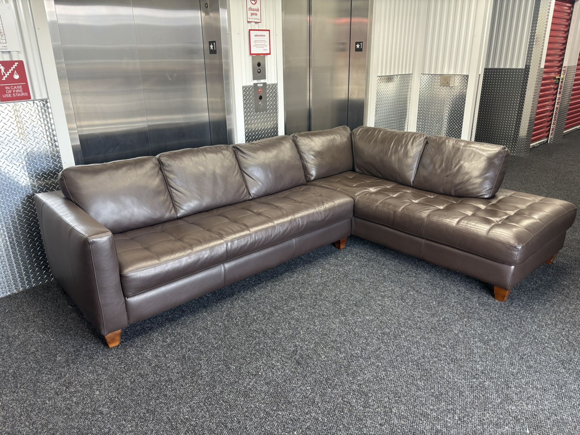 Natuzzi Brown Leather Two Piece Sectional Couch With Chaise