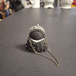 Faux Mini Purse, Vintage Decorative Collectible In Matte Black W/ Silvertone Studs & Accents & Mini Chain 2.5"H X 2"W