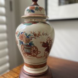 Antique Porcelain Chinoiserie Lamp with Wood Base
