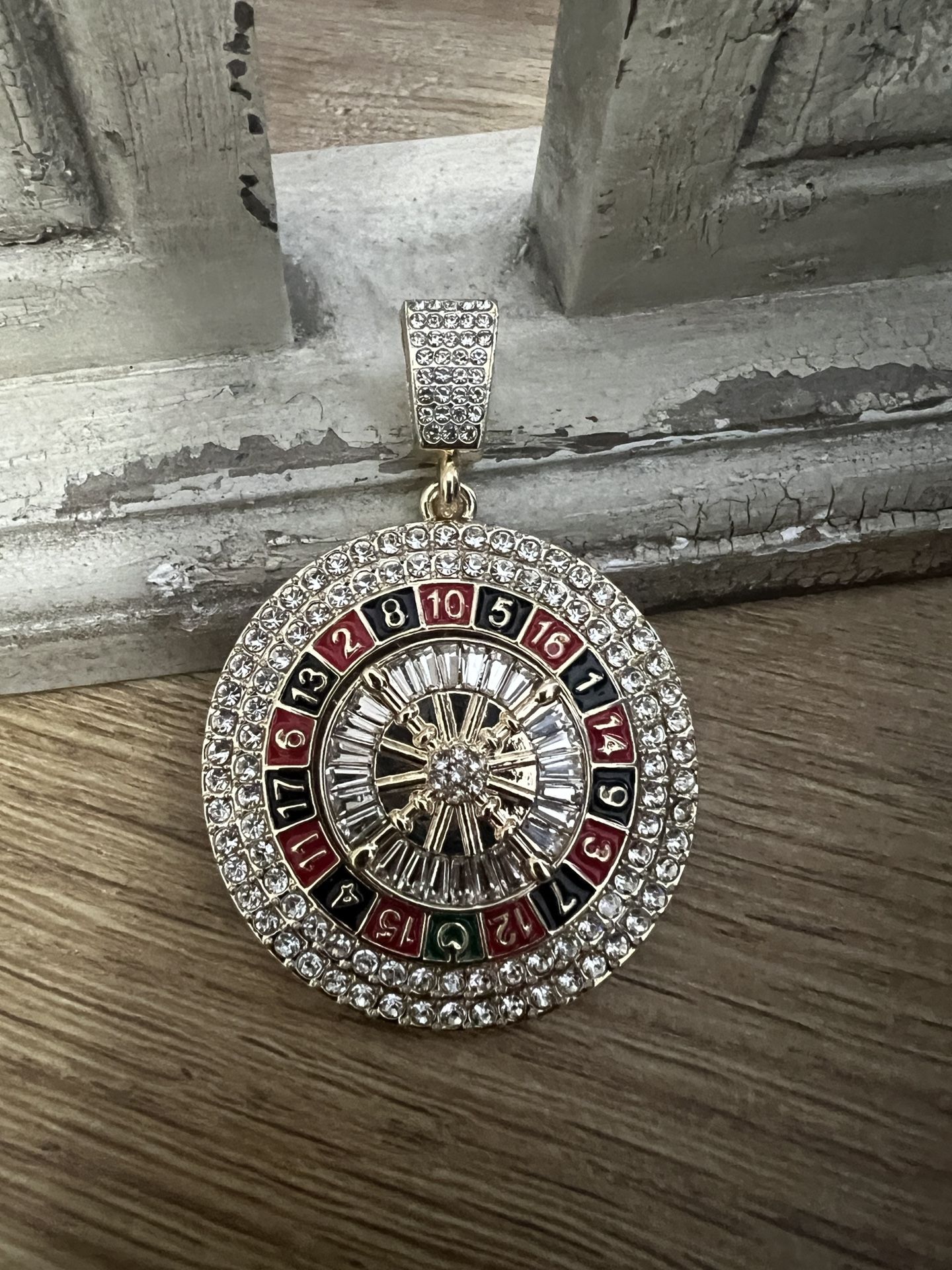 Roulette Wheel Spinning Gold Plated Pendant With Rhinestones 2.5”