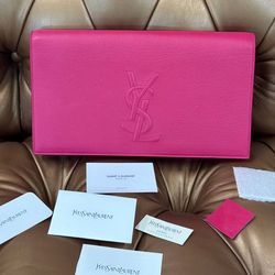 SAINT LAURENT Calfskin Leather Monogram Large Belle De Jour Clutch in Lipstick Fuchsia Booklets