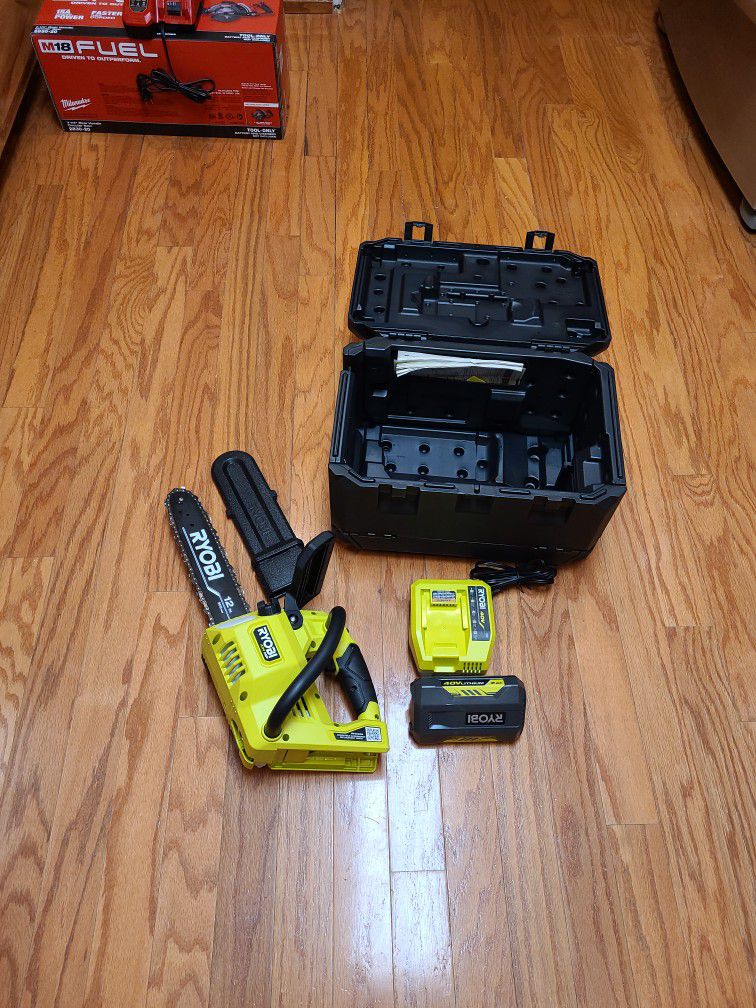 Ryobi 40V 'HP' 12" Top Handle Chainsaw, Battery, Fast Charger, Case Kit