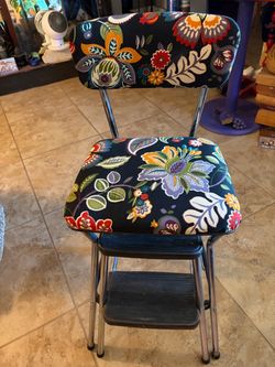 Vintage Cosco Kitchen Step Stool Chair with  new Floral Upholstery