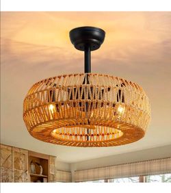 20 in. Black Woven Rope and Iron Downrod Mount Cage Ceiling Fan Rustic Farmhouse Fandelier for Bedroom, Porch