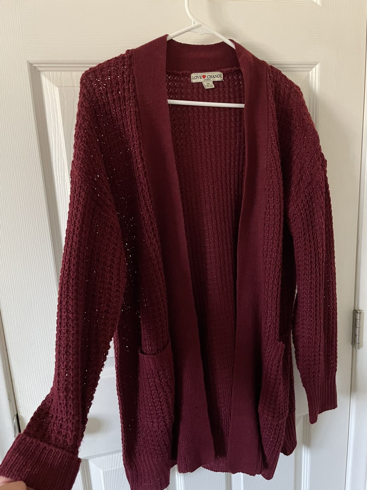 Women’s Plus Size 2X Cardigan Burgundy Open Front Knit Sweater Pockets