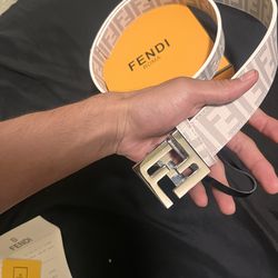 Fendi Men's White Adjustable Logo Print Buckle Designer Dress squared Belt