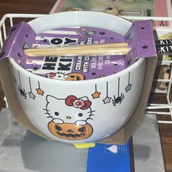 Hello Kitty Ceramic Halloween Bowl With Chopsticks NWT NEW