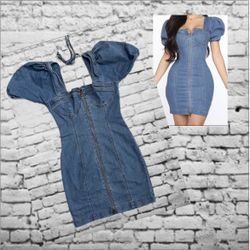 Fashion Nova A Doll In Denim Mini Dress Jean Dress Size Small Women’s Full Zip